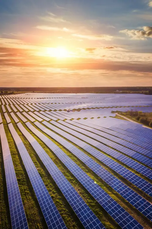 Sunset aerial view of a solar farm with rows of blue solar panels, the sun setting in the background, a tranquil and sustainable energy concept, a green grass field, a wide-angle shot, in the style of high-resolution photography, with vibrant colors and natural lighting.