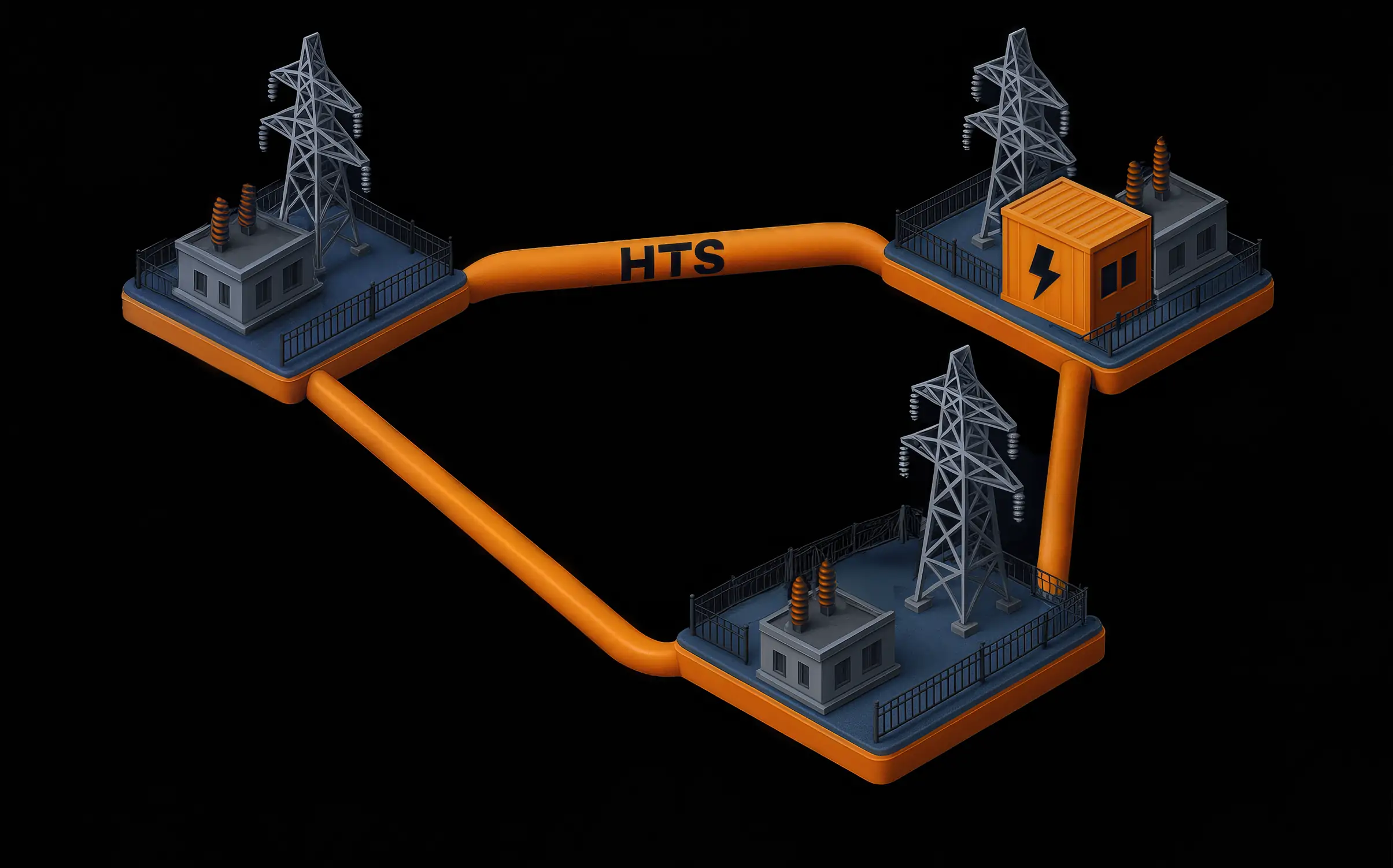 An isometric illustration of 3 substations connected by a triangular mesh of orange superconducting cables. One of the three substations contains a containerized orange box representing a hybrid energy storage system (HESS).