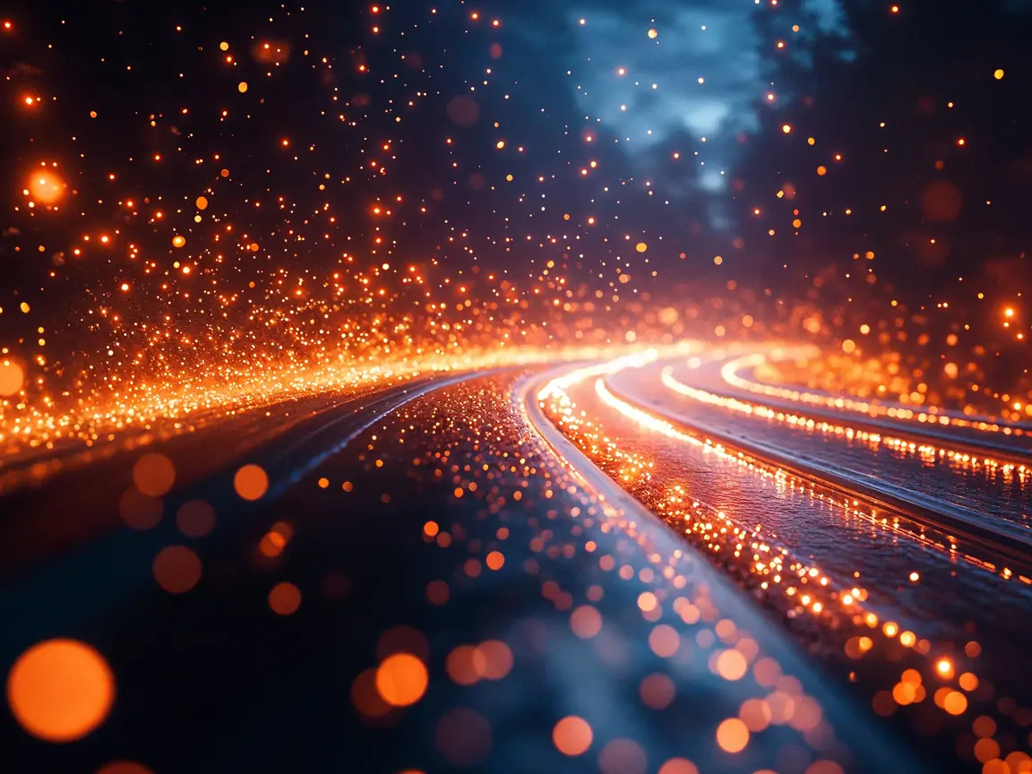 A futuristic highway of energy with glowing light trails, glowing orange lights in the background, a dark sky, a bokeh effect, and a hyper-realistic style.